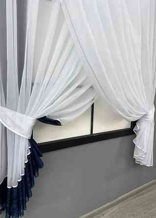 Кухонные шторки VR-Textil № 101к с подвязками белый с синим 310х170 см (52-1181) Киев