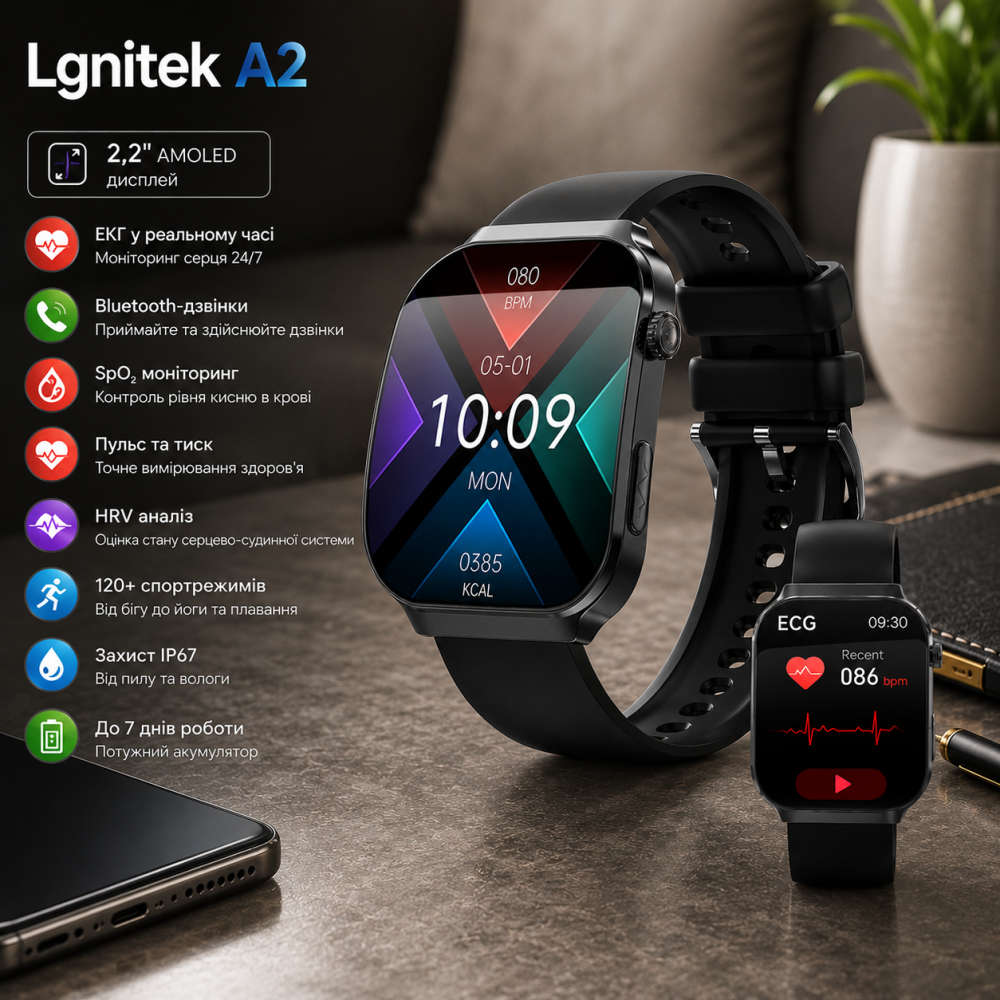 Смарт-часы Lgnitek A2 2,2″ с ЭКГ, Bluetooth-звонками, SpO2, пульсом, давлением, HRV, 120+ спортрежимами, IP67 Киев - изображение 1