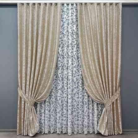 Комплект штор VR-Textil Жакард Вензель 100х270 2шт і Тюль 400х270 416ш-1147т Бежевий з білим 71-100/2 Київ
