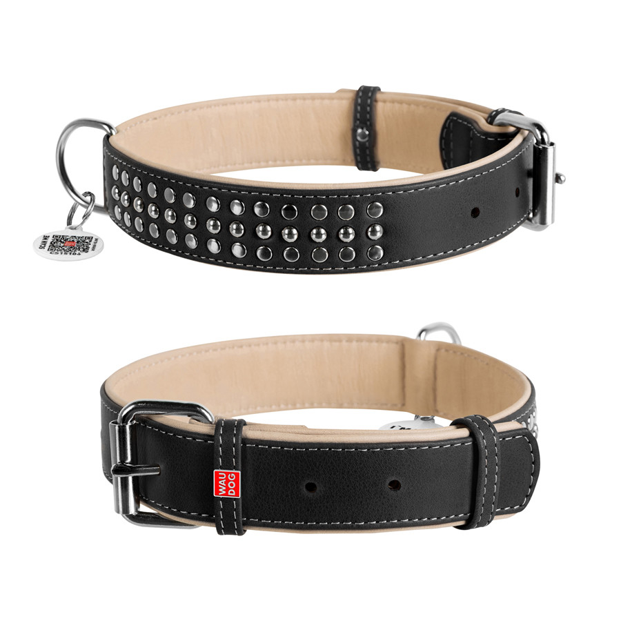 Нашийник для собак шкіряний WAUDOG Soft з QR паспортом, металічні прикраси, Ш 35 мм, Дов 57-71 Коломия - фото 1