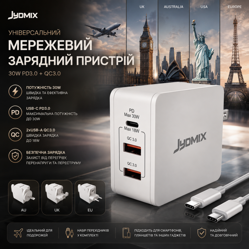 Універсальний мережевий зарядний пристрій JYDMIX (30W, PD3.0, QC3.0) — USB-C + 2xUSB-A, набір перехідників для подорожей Київ - фото 10