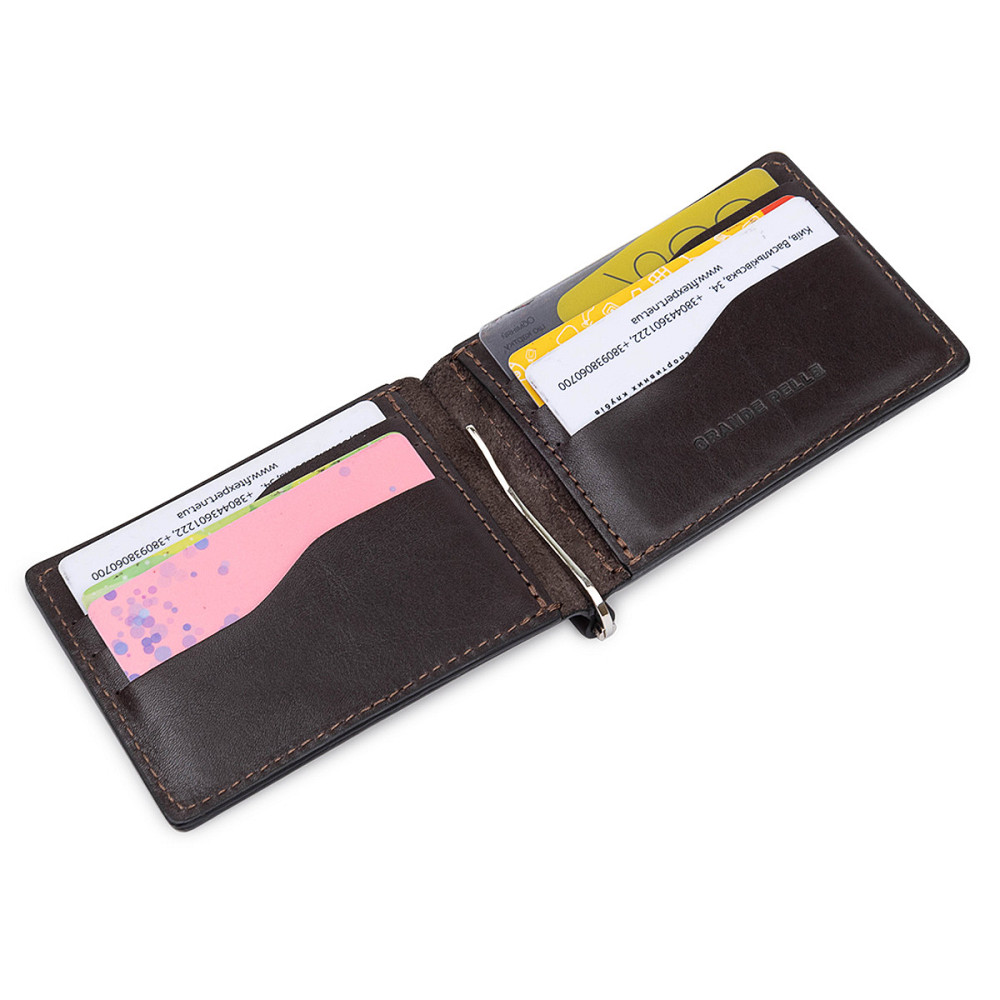 Кожаный мужской зажим для денег с монетницей GRANDE PELLE 11547 Коричневый Киев - изображение 8