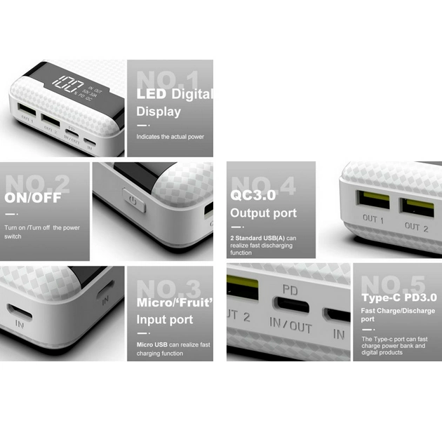 Портативний зовнішній акумулятор Pineng PN-861 20000 mAh Power Bank Білий Вінниця - фото 3