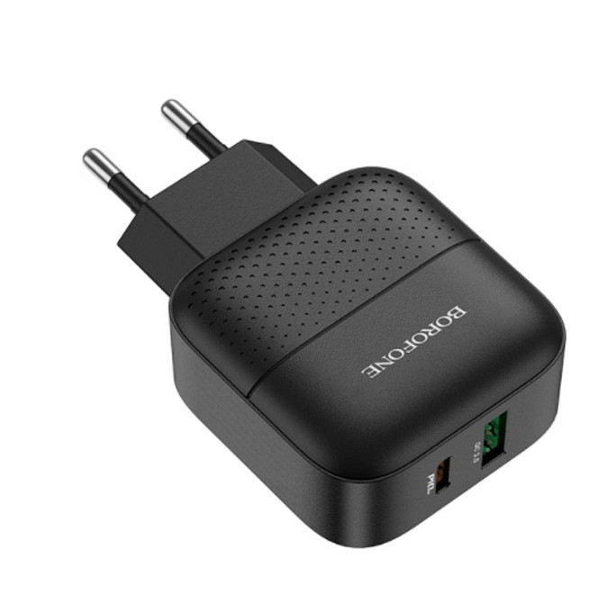 Мережевий зарядний пристрій BOROFONE BA46A Premium PD + QC3.0 with USB-A and USB-C out 3A, колір чорний BA46AB Одеса - фото 1