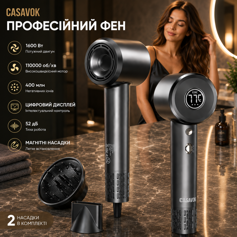 Профессиональный фен Casavok 1600 Вт, 110000 об/мин, 400 млн отрицательных ионов, цифровой дисплей, диффузор, 52 дБ Киев - изображение 1