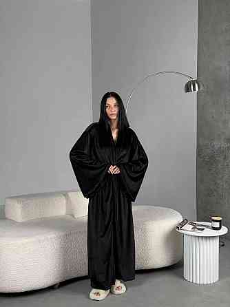 Женский стильный домашний велюровый макси халат плюш велюр Черный, 48/52 Одесса