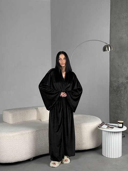 Женский стильный домашний велюровый макси халат плюш велюр Черный, 48/52 Одесса - изображение 5