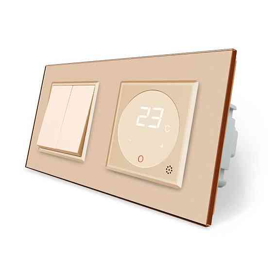 Комбінований 2-клавішний вимикач та терморегулятор (термостат) програмований для електричної теплої підлоги LIVOLO, золотий скляний, в одній рамці (VL Коломия