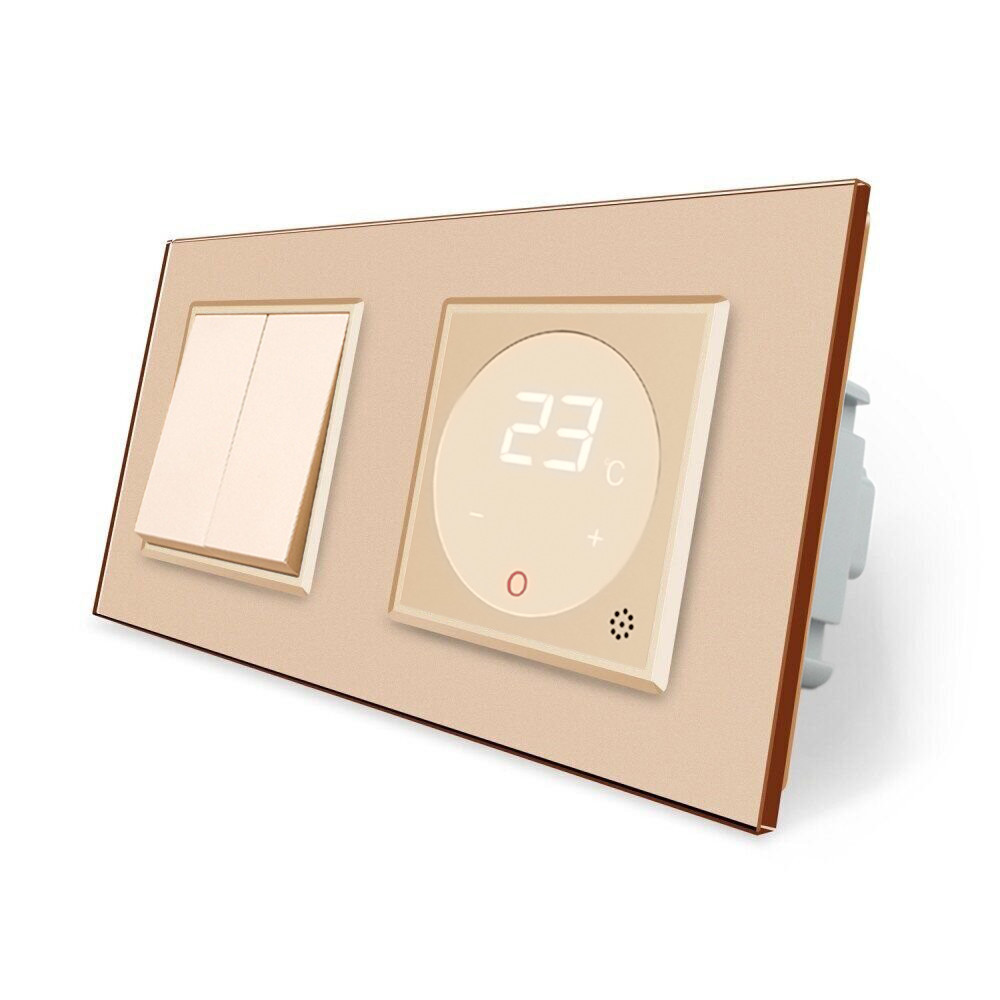Комбінований 2-клавішний вимикач та терморегулятор (термостат) програмований для електричної теплої підлоги LIVOLO, золотий скляний, в одній рамці (VL Коломия - фото 1