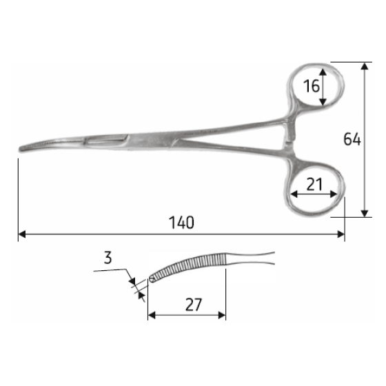 Затискач черевний Mikulicz, 14 cм, дитячий, зігнутий, 1:2 зубий, J-17-283 Дніпро