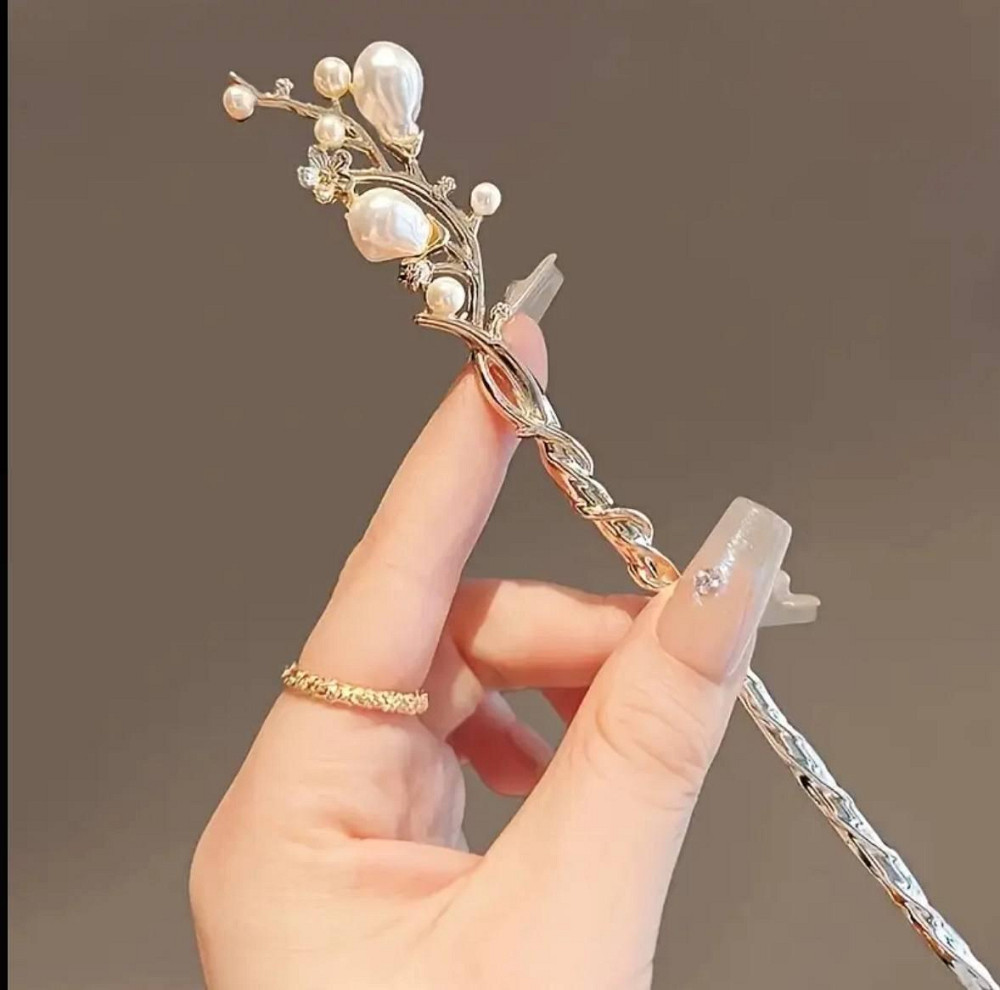 Винтажная металлическая шпилька для волос с цветами и жемчугом Киев - изображение 1