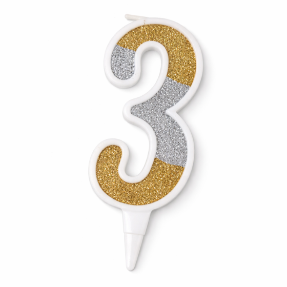 Свічка цифра 3 для торта золото-срібло блиск, святкова свічка на день народження Київ