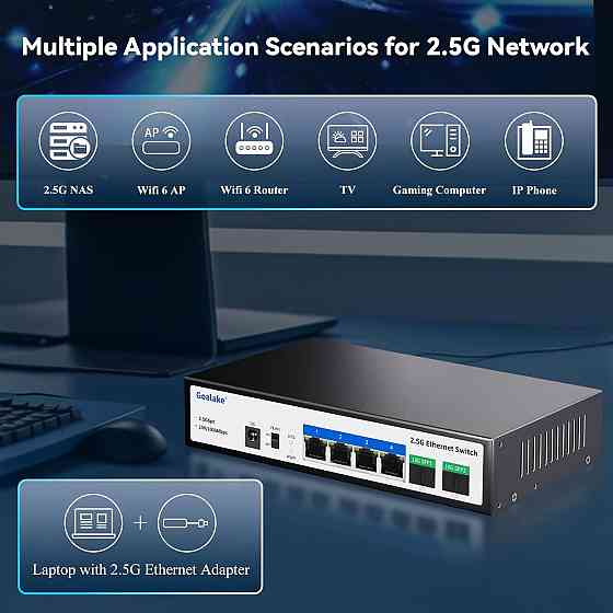 Сетевой коммутатор 4 порта 2.5G, 2 SFP+ 10G мультигигабитный неуправляемый настольный с металлическим корпусом Киев