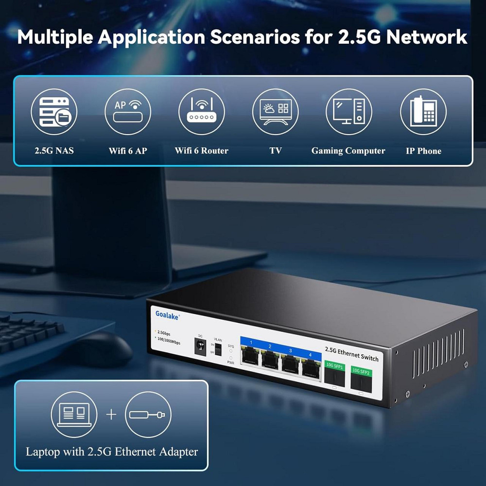 Сетевой коммутатор 4 порта 2.5G, 2 SFP+ 10G мультигигабитный неуправляемый настольный с металлическим корпусом Киев - изображение 5