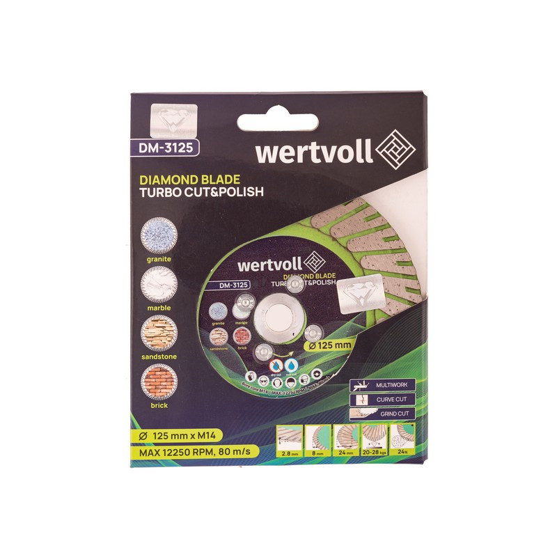 Диск алмазний WERTVOLL TURBO CUT&POLISH 125×2.8 мм 24% висота алмазного шару 8/24 мм Ø 22.2/М14 12250 об/хв DM-3125 Коломия - фото 3
