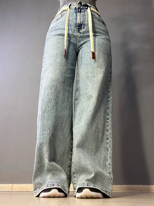 Джинси жіночі Dicesil 9153 palazzo jeans широкі стрейчеві завишена талія палаццо ремінь косичка блакитні, блакитний, 28, 28, 74 см, 100 см Київ - фото 1