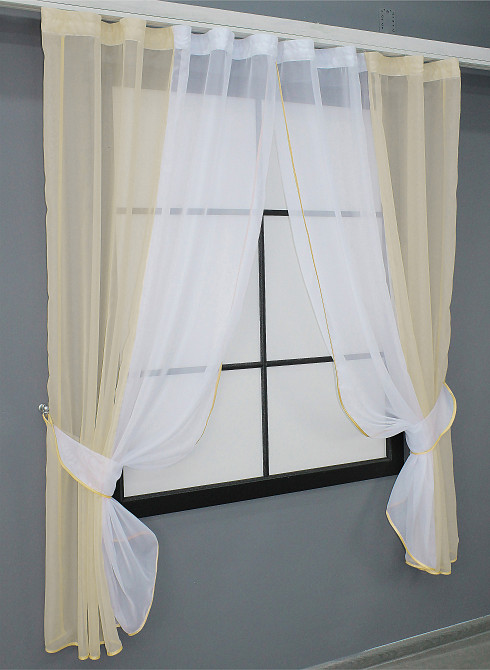 Кухонные шторы VR-Textil № 017к комбинированные с подвязками бежевый с белым 265х170 см (50-009) Киев - изображение 2