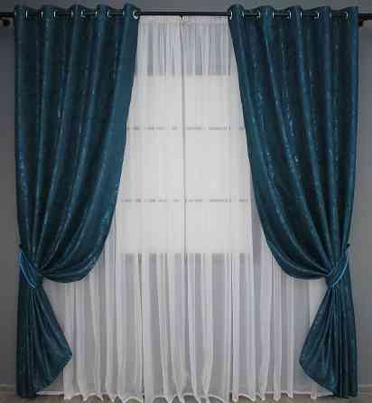 Комплект штор на люверсах VR-Textil Льон мармур Pavliani № 1365ш 150х250 см 2 шт Синій (37-0050) Київ