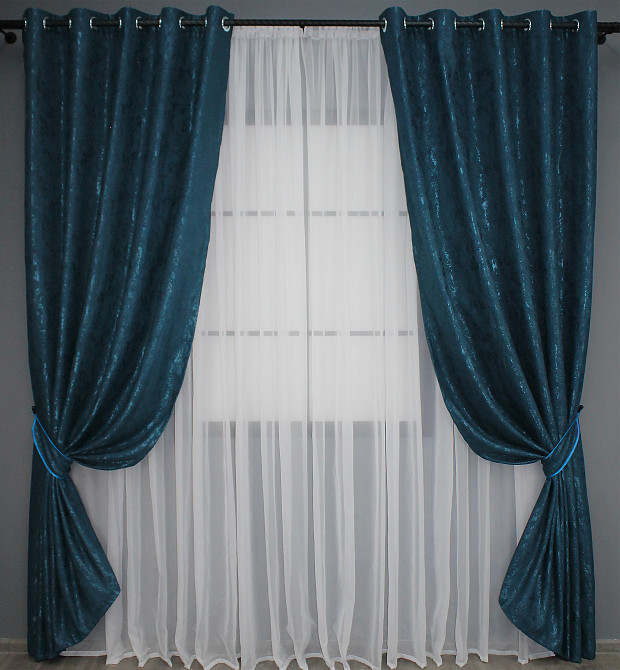 Комплект штор на люверсах VR-Textil Льон мармур Pavliani № 1365ш 150х250 см 2 шт Синій (37-0050) Київ - фото 2