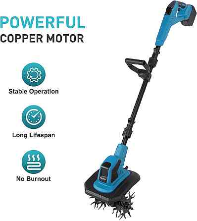 Культиватор садовий із подвійною фрезою для розпушування та прополювання городу бездротовий + 2 акумулятори Синій Вінниця