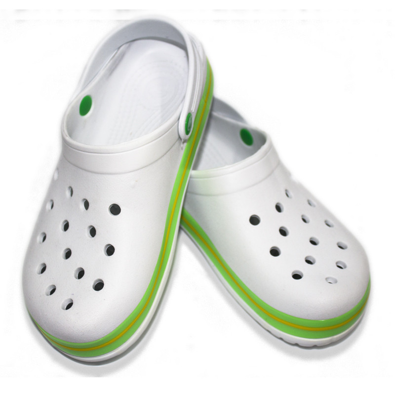Сабо кроксы женские белые с зеленой полосой 
