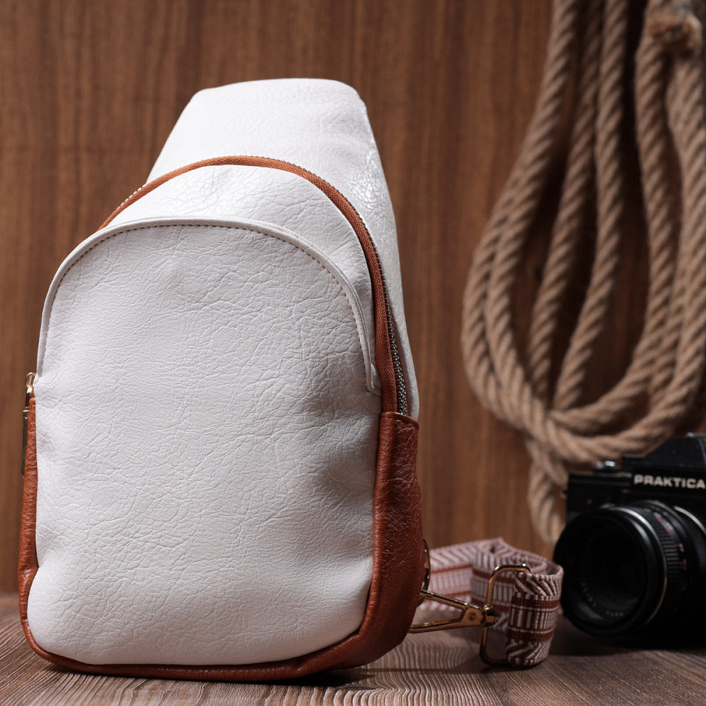 Небольшая женская сумка через плечо из экокожи с акцентом на текстильную лямку Vintage 22779 Белый Киев - изображение 9