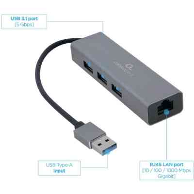 Адаптер USB-A to Gigabit Ethernet, 3 Ports USB 3.1 Gen1 Cablexpert (A-AMU3-LAN-01) Вінниця