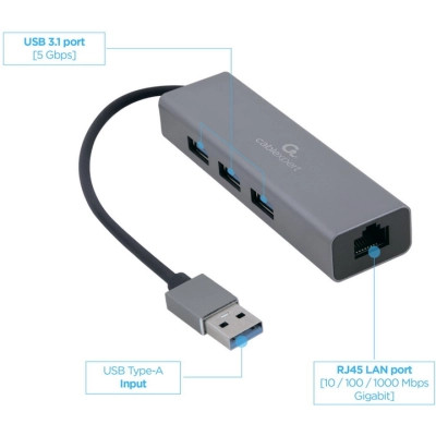 Адаптер USB-A to Gigabit Ethernet, 3 Ports USB 3.1 Gen1 Cablexpert (A-AMU3-LAN-01) Вінниця - фото 3