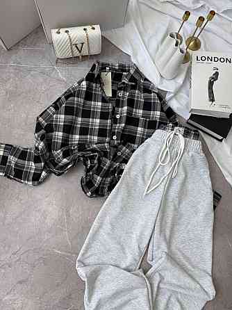 Женский повседневный костюм двойка: рубашка в клетку и штаны фланель + двунитка Черный, 42/46 Одесса