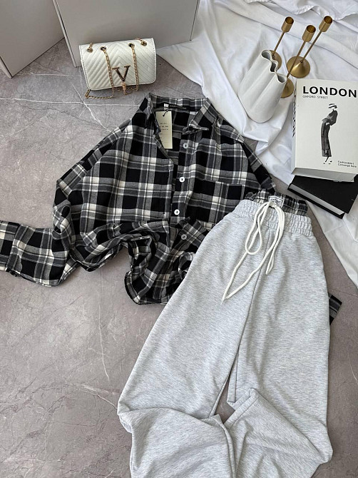 Женский повседневный костюм двойка: рубашка в клетку и штаны фланель + двунитка Черный, 42/46 Одесса - изображение 1