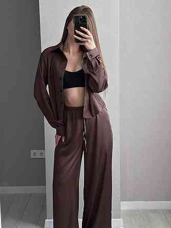 Женский базовый костюм двойка: рубашка и брюки из шелка армани Шоколадный Одесса