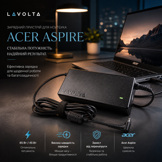 Зарядний пристрій для ноутбука Acer Aspire (Lavolta) 65 Вт / 45 Вт, штекер 5.5x1.7 мм, висока швидкість зарядки Київ