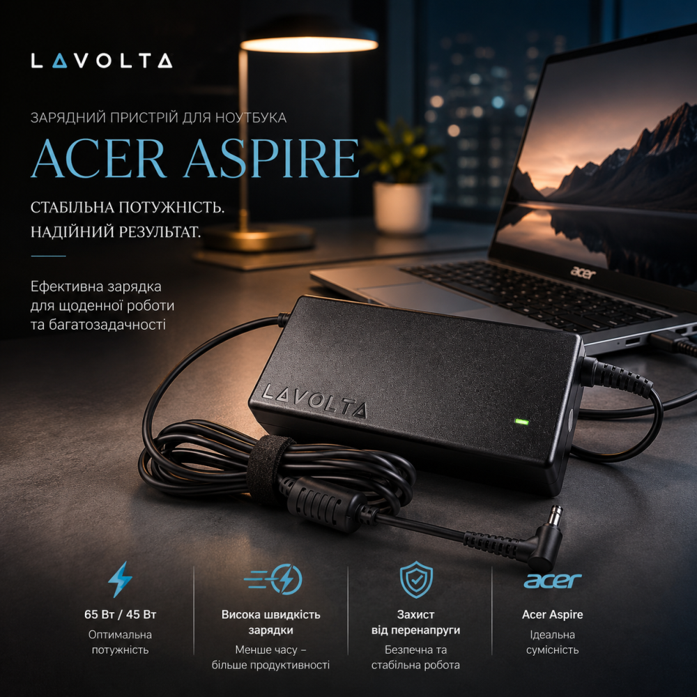 Зарядний пристрій для ноутбука Acer Aspire (Lavolta) 65 Вт / 45 Вт, штекер 5.5x1.7 мм, висока швидкість зарядки Київ - фото 1