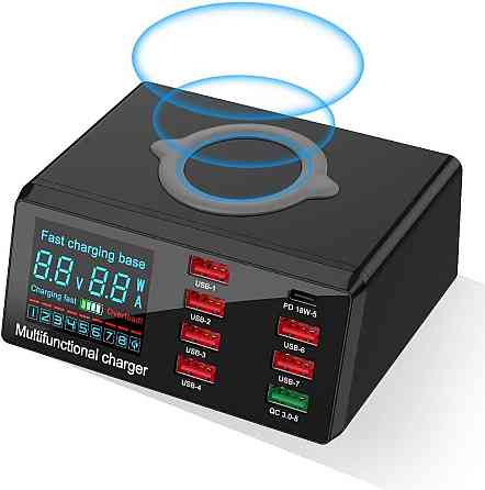 Зарядна станція мережева 8x USB + бездротова зарядка PD QC3.0 LED WLX-X9 Київ