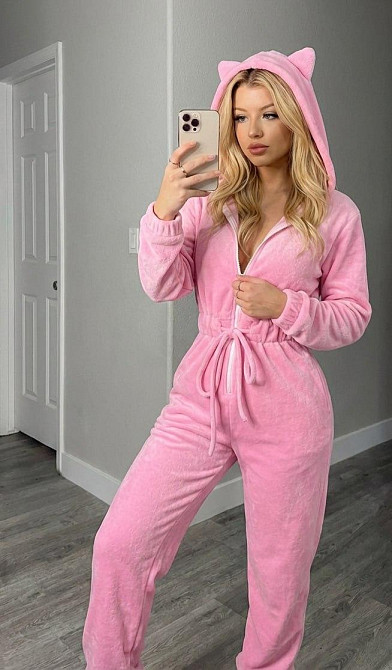 Жіночий стильний повсякденний комбінезон з вушками велюр-плюш Рожевий, 44/46 Одеса - фото 1