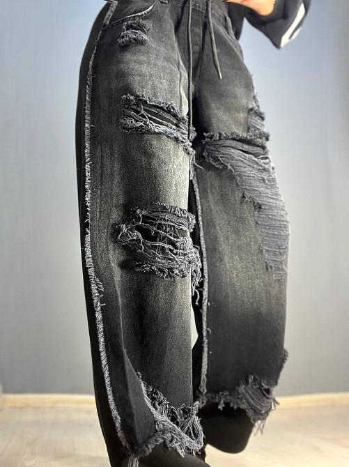 Джинси жіночі I8 80085-186 комбіновані з трикотажем рвані палаццо талія на резинці фліс чорний, чорний, XS, XS, 70 см, 98 см Київ - фото 10