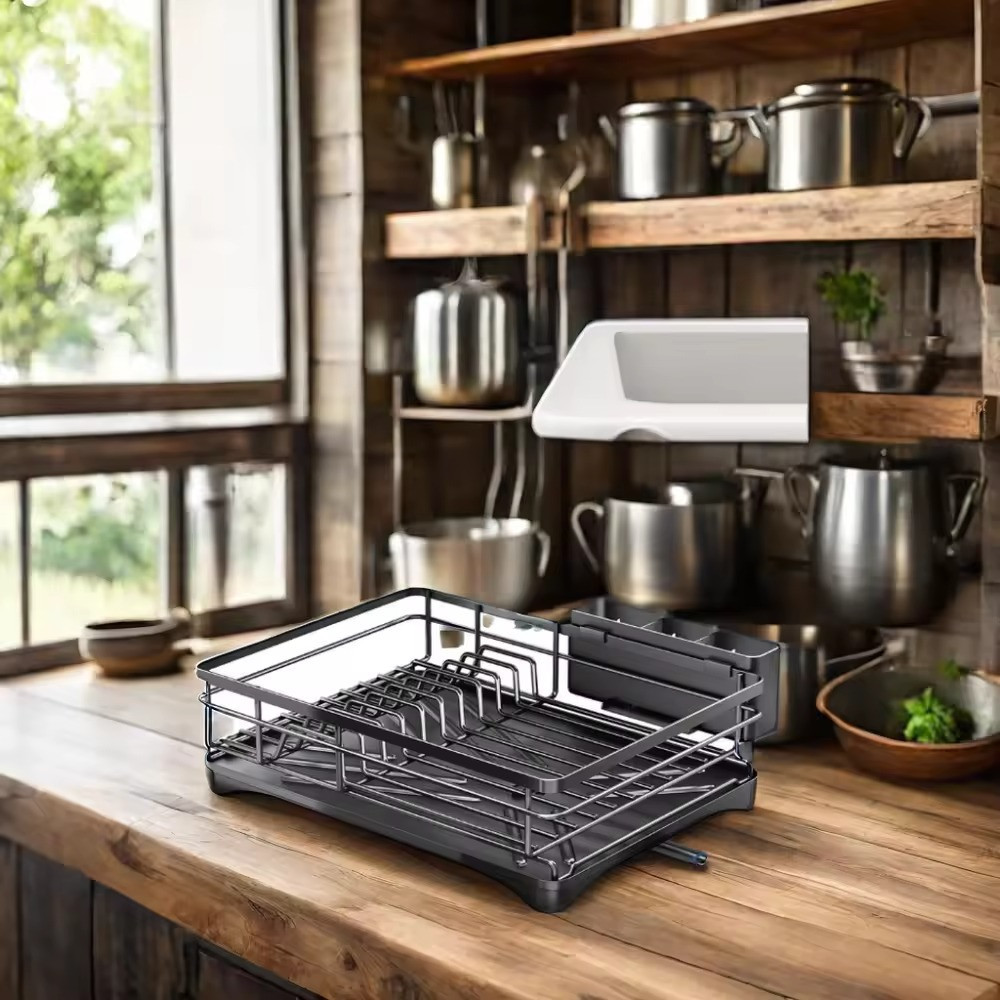 Чорна металева сушка для посуду на стільниці з піддоном для води Кам'янець-Подільський - фото 2