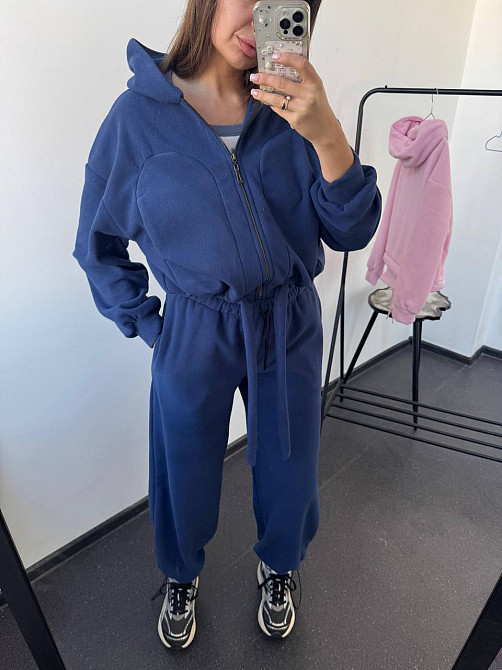 Жіночий теплий прогулянковий костюм-двійка: худі та штани двосторонній поліс фліс Темно-синій, 42/44 Одеса - фото 1