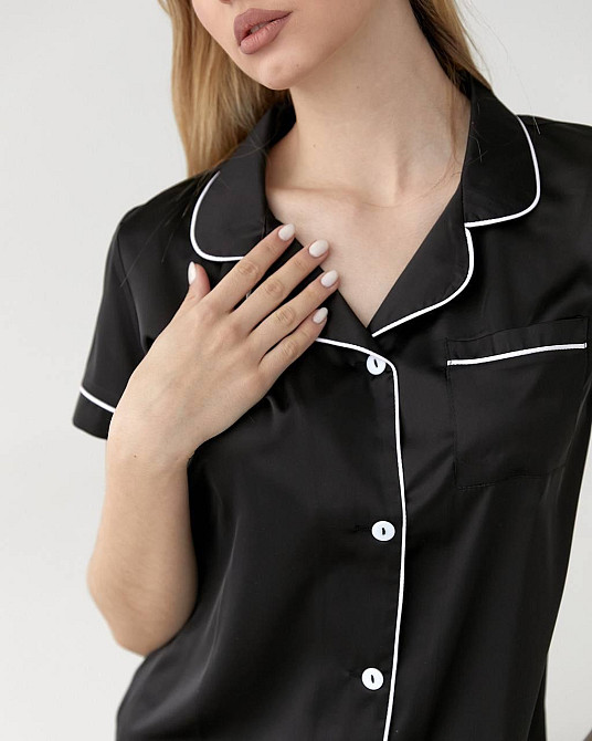 Шовкова піжама з шортами і сорочкою Чорний XXL Харків - фото 3