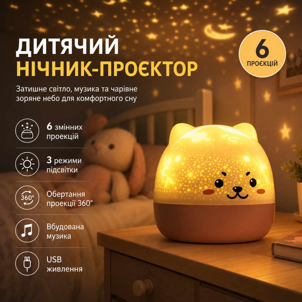 Дитячий нічник-проектор Котик TW-L27 із музикою, обертанням та 6 змінними проекціями, LED світильник зоряне небо, USB Київ - фото 11