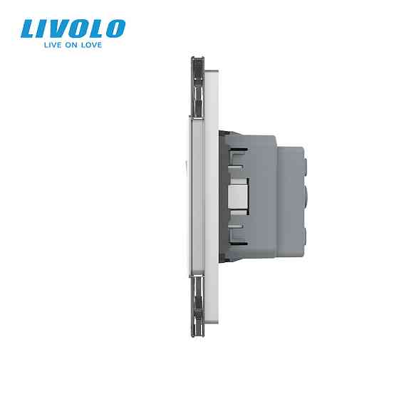 Трьохклавішний вимикач (1-2) з розеткою Livolo сірий скло (VL-C7K1/K2/FCTC16A-6IP) Коломыя
