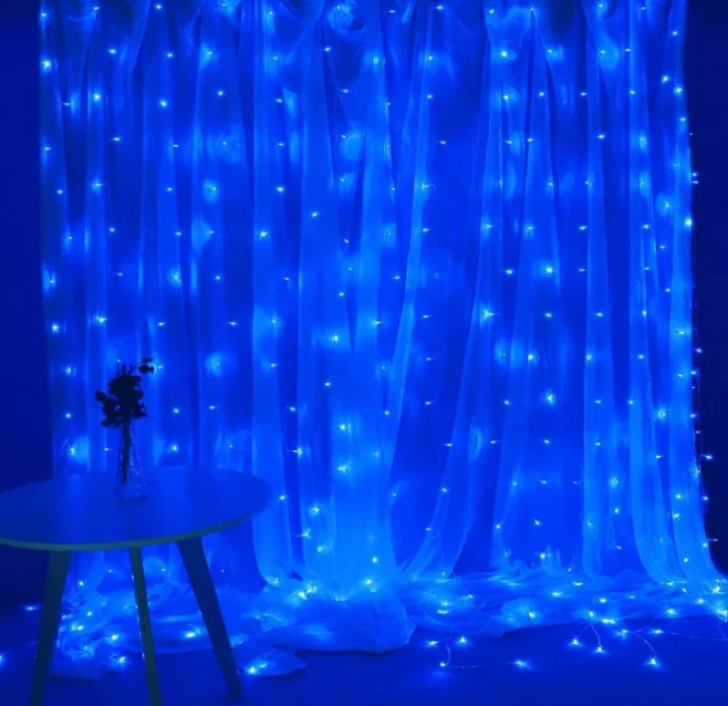 Гірлянда штора завіса Водоспад 3х3 м 280 LED велика лампа 3D (білий шнур, з перехідником) Синя Вінниця - фото 4