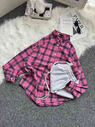 Женский повседневный костюм двойка: рубашка в клетку и штаны фланель + двунитка. Розовый 2, 42/46 Одесса