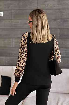 Стильна жіноча кофтинка з леопардовими рукавами "Alberta" | Норма і батал Чорний, 42-44 Київ