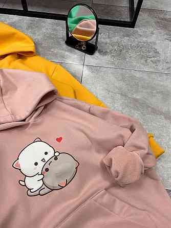 Женское уютное теплое худи оверсайз с милым принтом трехнитка Тедди + трехнитка с начесом пенье Пудра Одесса