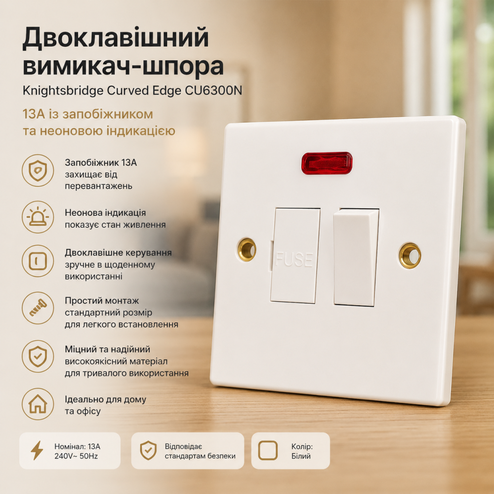 Двоклавішний вимикач-шпора Knightsbridge Curved Edge CU6300N: 13А із запобіжником та неоновою індикацією, колір білий Київ - фото 7