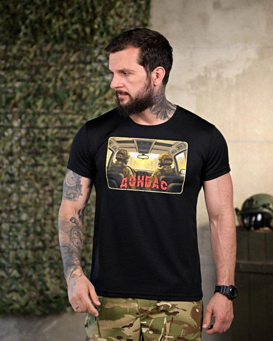 Тактическая мужская потоотводящая футболка картинка принт Донбас черная Одесса - изображение 2