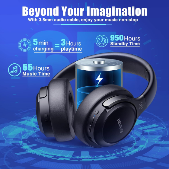 Беспроводные наушники BERIBES Bluetooth 6.0, 65 часов работы, 6 режимов эквалайзера, Hi-Fi стерео, микрофон, черные Киев