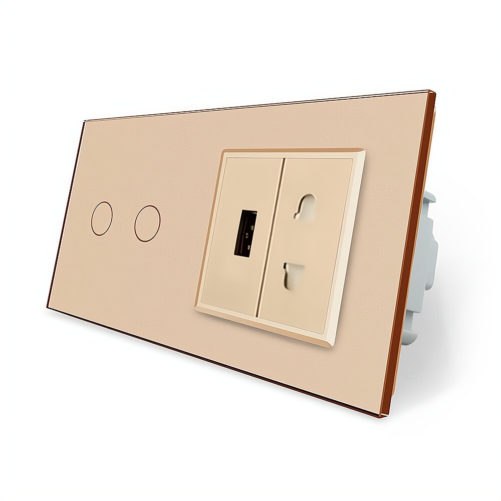 LIVOLO Сенсорний вимикач 2 сенсора 1 USB 1 розетка універсальна Livolo золотий скло (VL-C702/C7 Київ - фото 3