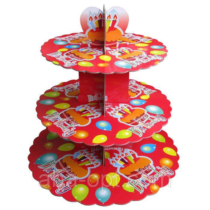 Стенд триярусний картонний круглий для капкейків червоного кольору (шт) Одеса - фото 1